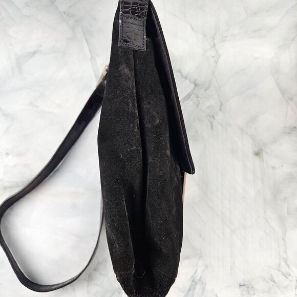 Fossil vintage suede saddle bag, black, croc strap silver hardware - Picture 3 of 9
